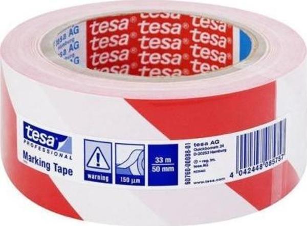 Tesa İkaz Bandı Yer İşaretleme Çizgili Kırmızı-Beyaz 33x50 60760-00092-15 - Image 1