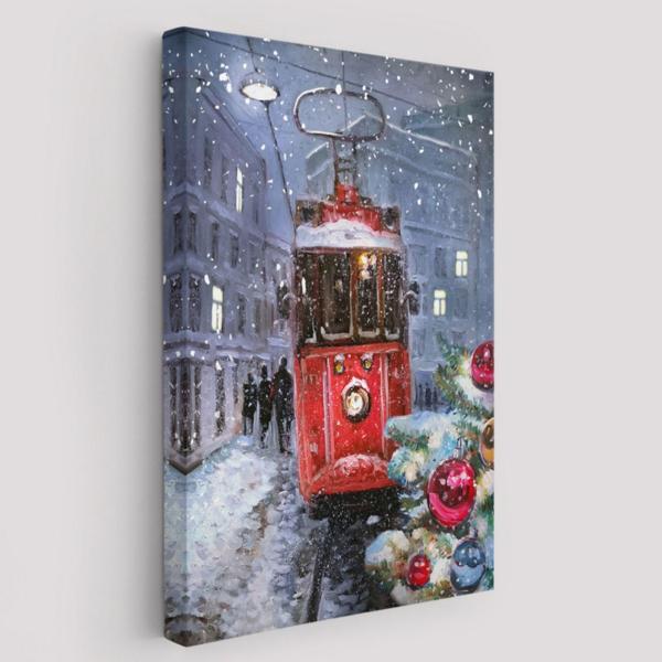 Kırmızı Tramvay ve Kar Dekoratif Kanvas Tablo, Duvar Dekoru 6003 - Image 1