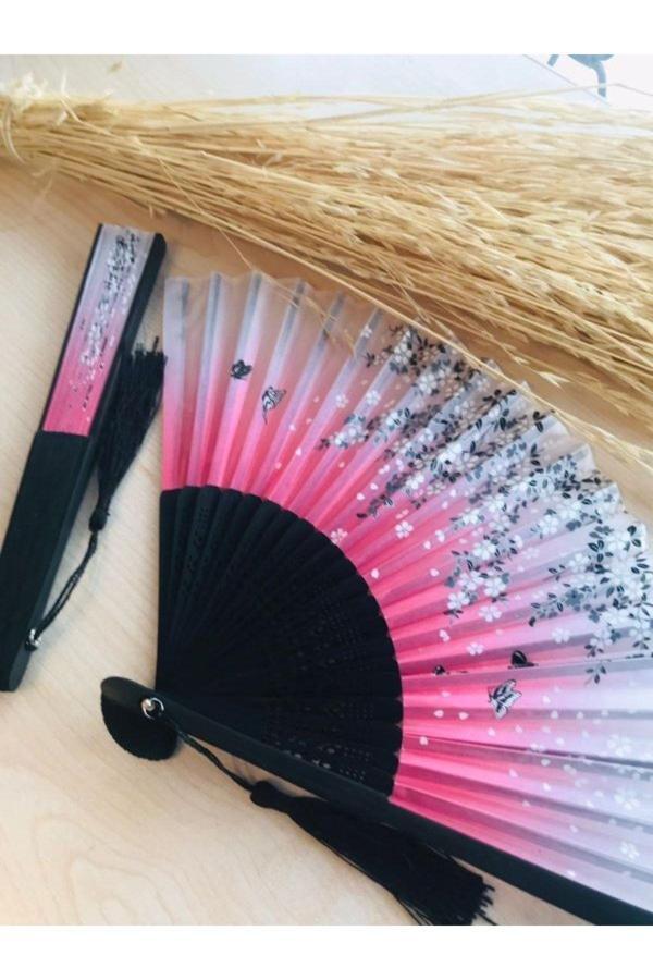 - Bambu Pembe Çiçek Desenli Şık Japon Yelpaze Lüks A527 - Image 1