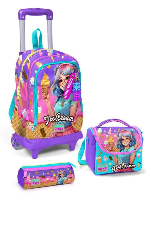 Coral High Kids Lila Turkuaz Dondurma ve Anime Desenli 3’lü Okul Çanta Seti SET0123973 - Image 1