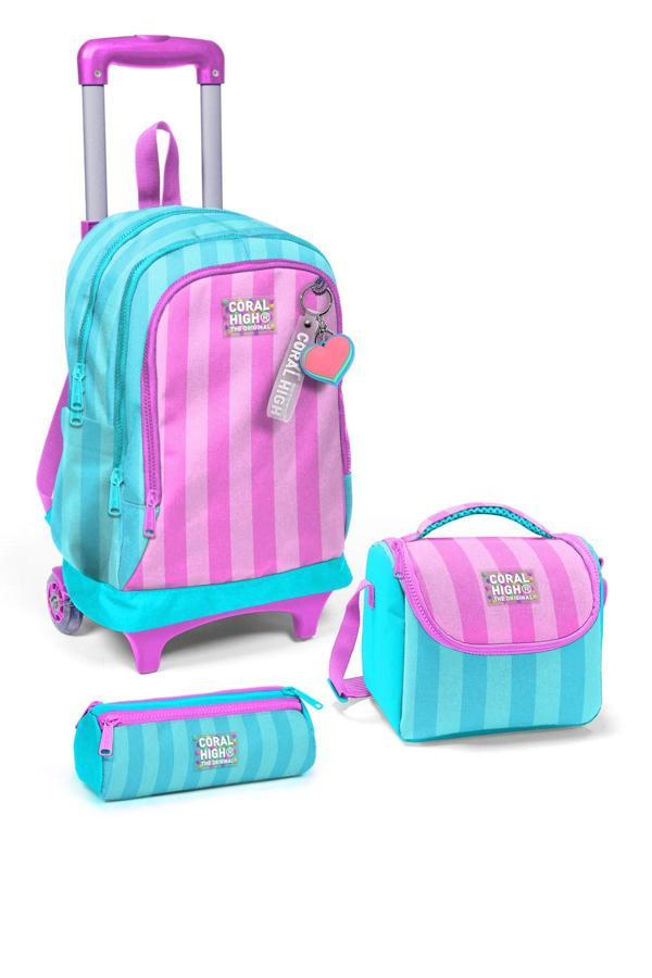Coral High Kids Turkuaz Pembe Çizgili 3’lü Okul Çanta Seti SET0123971 - Image 1