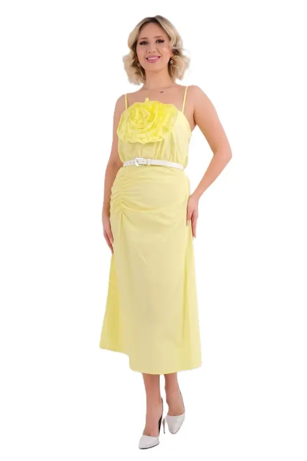 Trend Kadınl Yeni Sezon Pamuk Kumaş Midi Boy Gül Ve Kemer Detaylı Askılı Elbise - Image 1