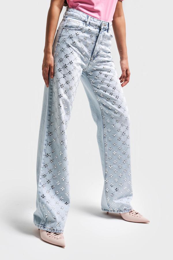 Kadın Snow Kot Rengi 4s5-100 Straight Fit Parlak Taşlı %100 Koton Tasarım Denim Jean - Image 1