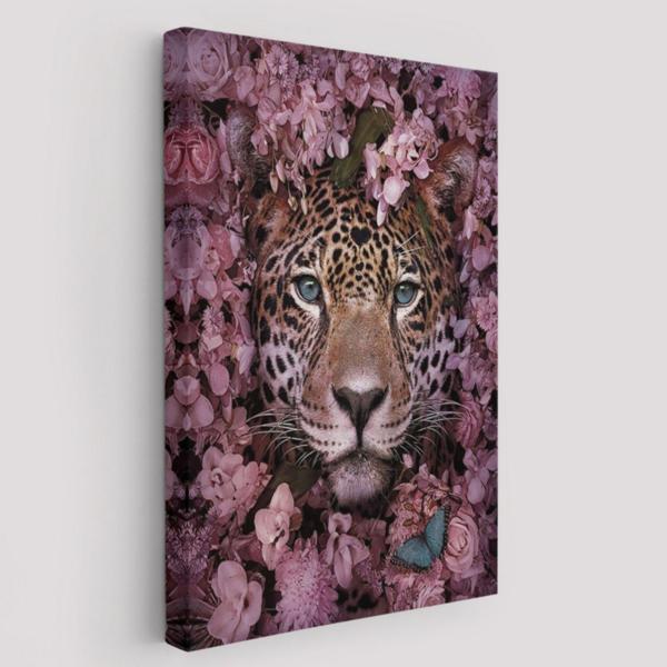Vahşi Leopar ve Pembe Çiçekler Dekoratif Kanvas Tablo, Duvar Dekoru 6195 - Image 1