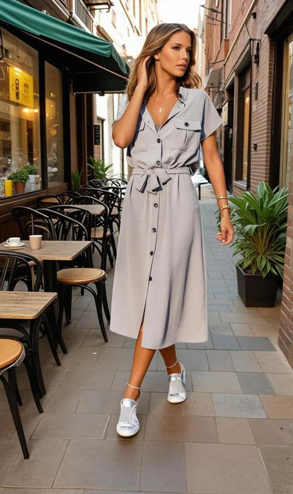 Kadın Safari Cepli Kemerli  Kısa Kollu Düğmeli Günlük Uzun Yazlık Gömlek Elbise 4045363 - Image 1