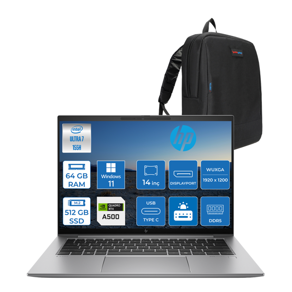 Hp Zbook Firefly G11 Ultra 7 155H Ddr5 64GB 512GB SSD Quadro Rtx A500 4gb 14'' Wuxga IPS 300NITS Windows 11 Pro Taşınabilir Bilgisayar 5G419ESP21 + Zetta Çanta - Image 1