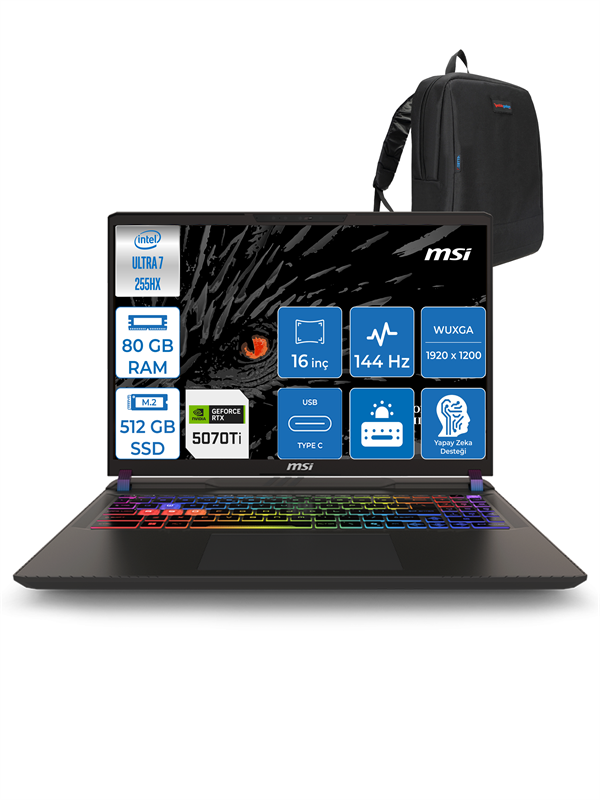 Msı Vector 16 Hx Aı Intel Ultra 7 255HX Aı 80GB Ddr5 512GB SSD 12GB/RTX5070TI/140W Freedos 16" Fhd+ 144Hz Taşınabilir Bilgisayar 091XTRF21 + Zettausbbellek - Image 1