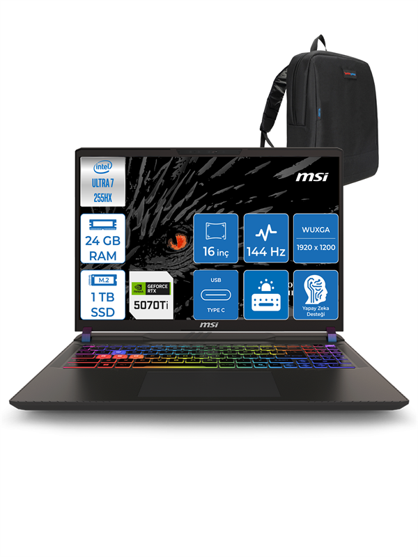 Msı Vector 16 Hx Aı Intel Ultra 7 255HX Aı 24GB Ddr5 1tb SSD 12GB/RTX5070TI/140W WIN11HOME 16" Fhd+ 144Hz Taşınabilir Bilgisayar 091XTRH06 + Zettausbbellek - Image 1