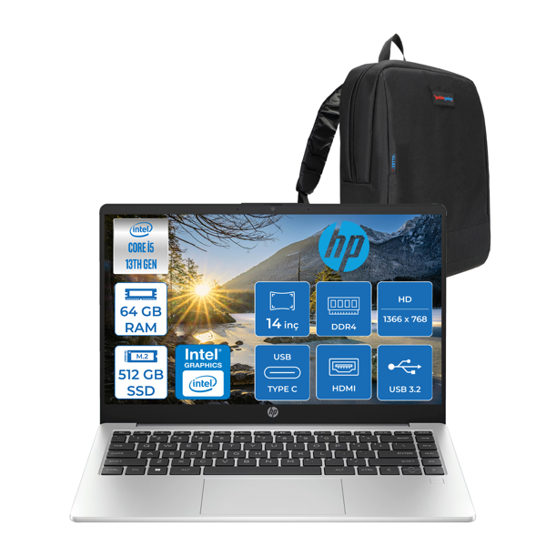 Hp 240 G10 Intel Core I5 1335U 64GB 512GB SSD Intel® Iris® Xᵉ Grafik Freedos 14" Hd (1366 x 768) Sva Taşınabilir Bilgisayar 968L6ETF32 + Zetta Çanta - Image 1