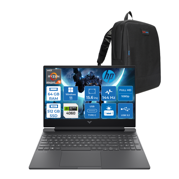 Hp Victus W15FB3006NT Ryzen 9 8945HS Aı 64GB Ddr5 512GB SSD 8GB/RTX4060 300NITS 15.6" Fhd IPS 144Hz WIN11HOME Gaming Taşınabilir Bilgisayar WB82WCEAH17+ZETTAÇANTA - Image 1