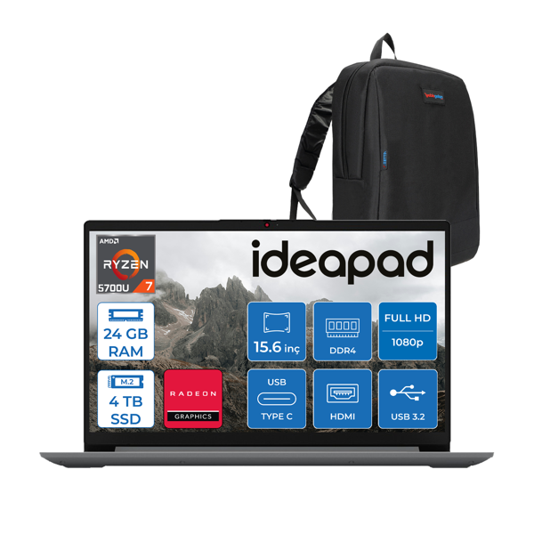Lenovo Ideapad 1 15ALC7 Amd Ryzen 7 5700U 24GB 4tb SSD Amd Radeon Graphics Freedos 15.6" Fullhd Taşınabilir Bilgisayar Gri 82R400R4TRF20 + Zetta Çanta - Image 1
