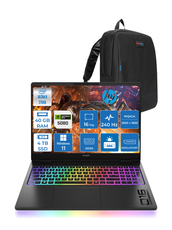 Hp Omen Max 16-WAH0022NT Intel Core Ultra 9 275HX 40GB Ddr5 4tb SSD 16GB Nvıdıa RTX5080 16 Inç 3ms 500NIT Wqxga 240Hz Windows 11 Home Siyah OB88F2EAW03 + Zetta Çanta - Image 1