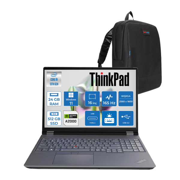 Lenovo Thinkpad Mws P16 Gen2 Intel I9-13980HX 24GB 5600MHZ 512GB SSD 8GB/RTX2000ADA 16" Wqxga 165Hz (2560X1600) IPS 500NITS Windows 11 Pro Taşınabilir Workstation W21FA0003TXW01 +Zettaçanta - Image 1