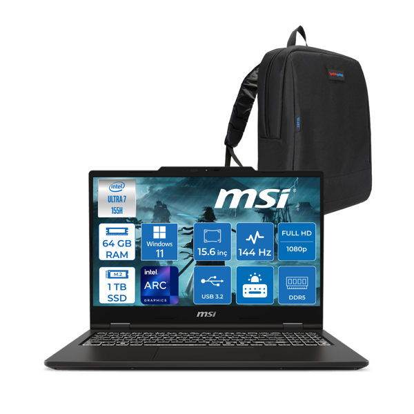 Msı Venture 15 Aı WA1MG Intel Core Ultra 7 155H 64GB Ddr5 1tb SSD Windows 11 Home 15.6" Fhd IPS 144Hz Taşınabilir Bilgisayar W012XTRH14+ZETTAÇANTA - Image 1