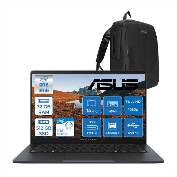Asus Expertbook B1 B1403CVA Intel Core I5-1334U 32GB Ddr5 512GB SSD Intel Iris x Graphics 14" Fhd LED 300NITS Windows 11 Home Taşınabilir Bilgisayar B1403CVAH09 + Zettaçanta - Image 1