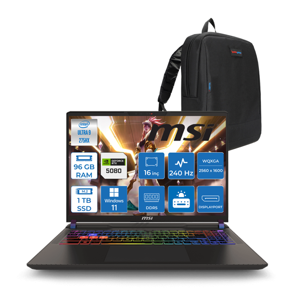 Msı Vector 16 Hx Aı WA2XWIG-090XTR Ultra 9 275HX Aı 96GB GB 1tb SSD 16GB/RTX5080 Gddr7 175W 16" Qhd+ (2560X1600) 240HZ WIN11PRO Gaming Laptop WA2XWIG090XTRW35+ZETTAÇANTA - Image 1