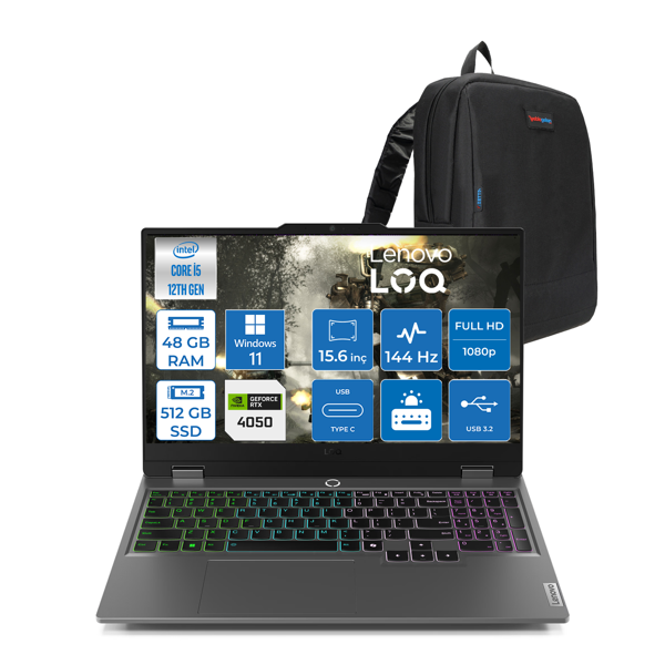 Lenovo Loq 15IAX9 Intel Core I5 12600HX 48GB Ddr5 512GB SSD 6GB/RTX4050 105W IPS 300NITS 144Hz WIN11HOME 15.6" Fhd Taşınabilir Bilgisayar W83GS00PETRH17+ZETTAÇANTA - Image 1