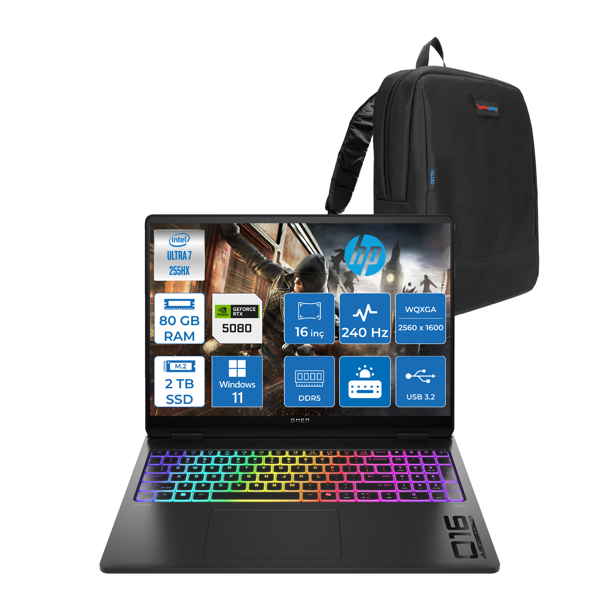 Hp Omen Max 16-AH0014NT Intel Core Ultra 7 255HX 80GB Ddr5 2tb SSD 16GB Nvıdıa RTX5080 16 Inç 2k Wqxga 240Hz 3ms IPS Windows 11 Pro Siyah OB8SQ9EAP18 + Zetta Çanta - Image 1