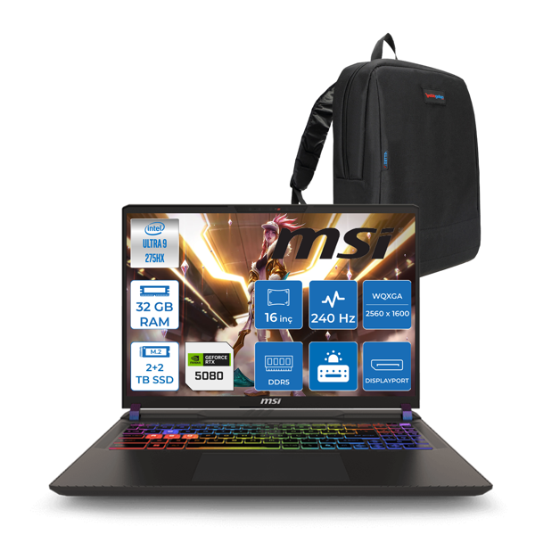 Msı Vector 16 Hx Aı WA2XWIG-090XTR Ultra 9 275HX Aı 32GB GB 2tb Ssd+2tb SSD 16GB/RTX5080 Gddr7 175W 16" Qhd+ (2560X1600) 240HZ Freedos Gaming Laptop WA2XWIG090XTRF14+ZETTAÇANTA - Image 1