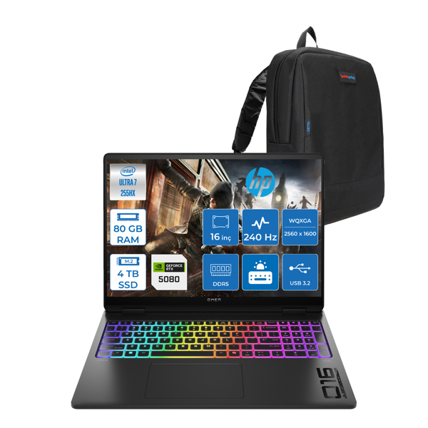 Hp Omen Max 16-AH0014NT Intel Core Ultra 7 255HX 80GB Ddr5 4tb SSD 16GB Nvıdıa RTX5080 16 Inç 2k Wqxga 240Hz 3ms IPS Freedos Siyah OB8SQ9EAF19 + Zetta Çanta - Image 1