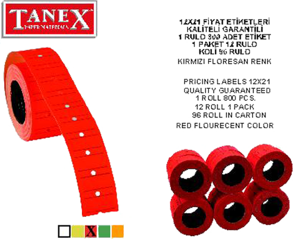 Tanex Makine Etiketi 12X21 Mm Çizgili Fosforlu Kırmızı 6 Lı Tnx1221530800 (1 Paket 6 Adet) - Image 1