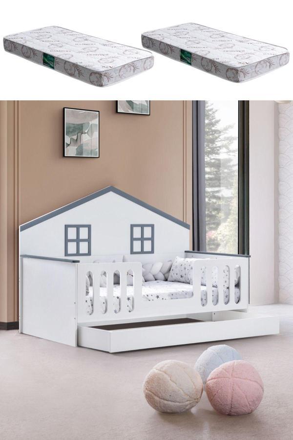 Yavrulu Karyola, Bello Yavrulu Montessori Yatak - Gri + 2 Adet Comfort Yatak - Image 1