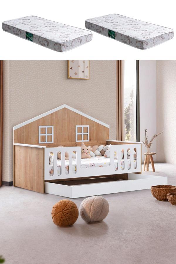 Yavrulu Karyola, Bello Yavrulu Montessori Yatak - Ceviz + 2 Adet Comfort Yatak - Image 1
