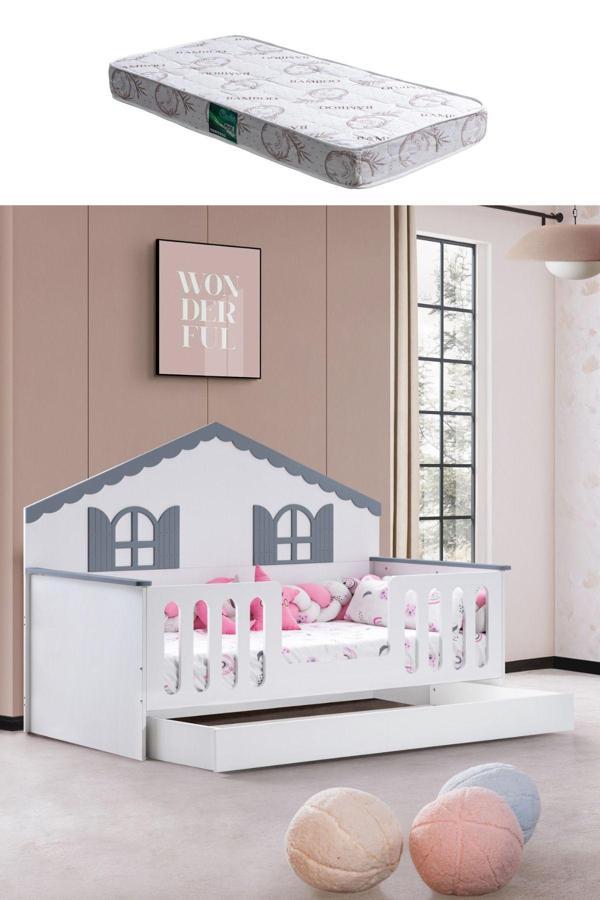 Yavrulu Karyola, Poli Yavrulu Montessori Yatak - Gri + 1 Adet Comfort Yatak - Image 1