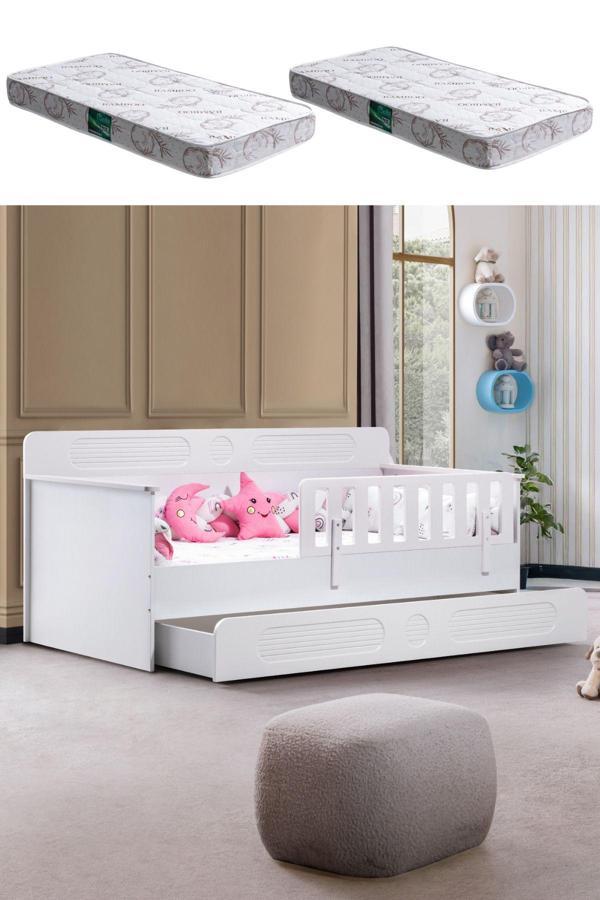 Yavrulu Karyola, Flora Yavrulu Montessori Karyola - Beyaz + 2 Adet Comfort Yatak - Image 1
