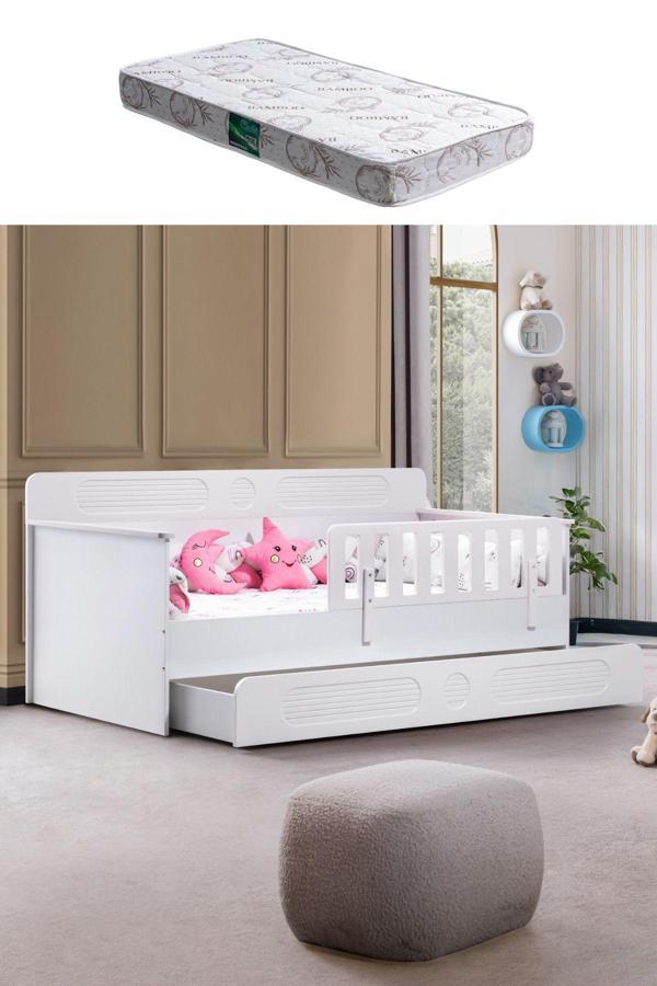 Yavrulu Karyola, Flora Yavrulu Montessori Karyola - Beyaz + 1 Adet Comfort Yatak - Image 1