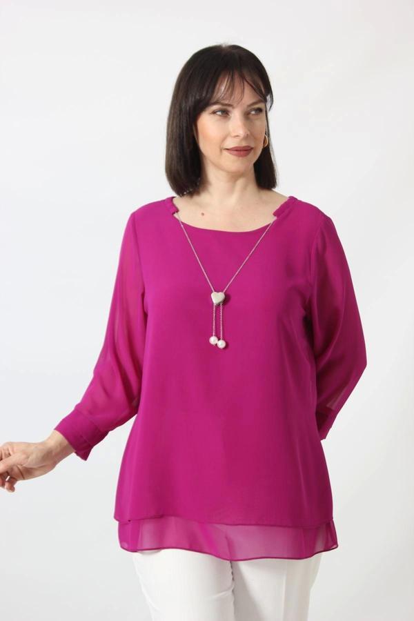 1934 Kolyeli Şifon Büyük Beden Şık Bluz Açık Violet - Image 1