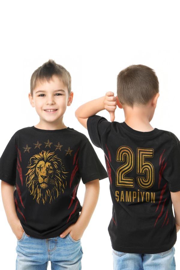 Siyah Renk Çocuk Tişört Aslan Ruhu Sarı Kırmızı 5 Yıldız Şampiyon Ön ve Sırt Baskılı Tasarım T-shirt - Image 1