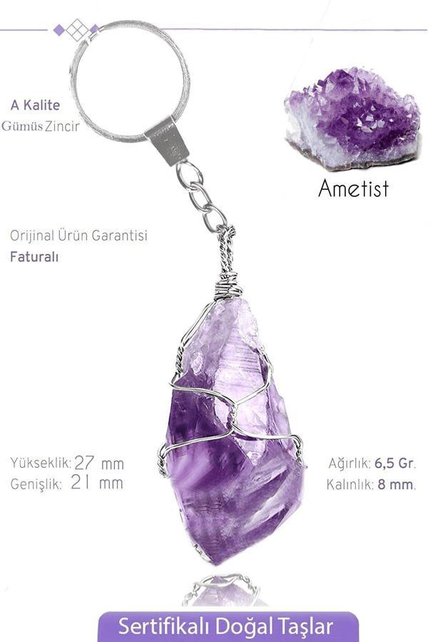 Sertifikalı Ham İşlenmemiş AAA+ Ametist Taşı Anahtarlık - Tel Sargılı - Image 1