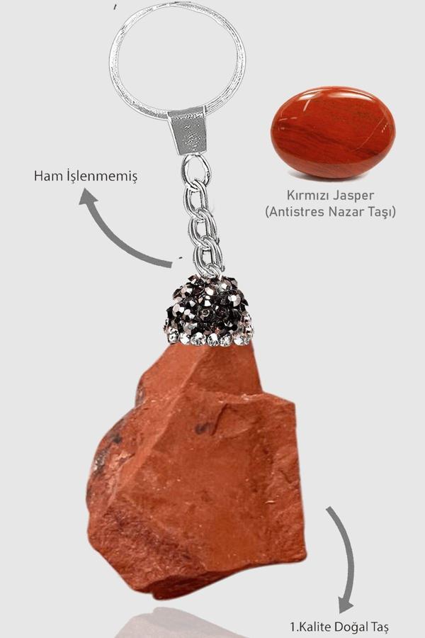 Sertifikalı Ham İşlenmemiş Zirkon Taşlı Model Kırmızı Jasper Taşı Doğal Taş Anahtarlık - Image 1