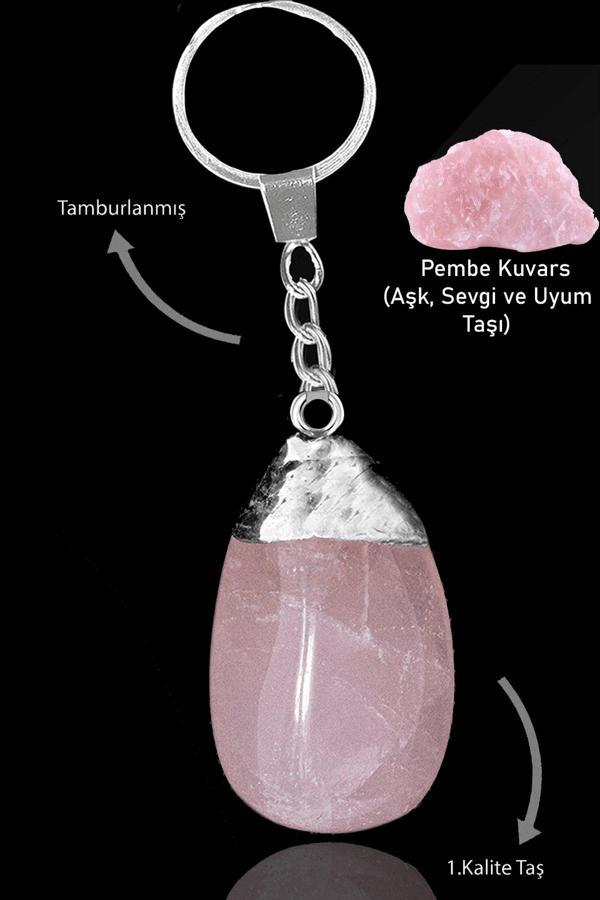 Sertifikalı Ham Model Pembe Kuvars Taşı Doğal Taş Anahtarlık - Image 1