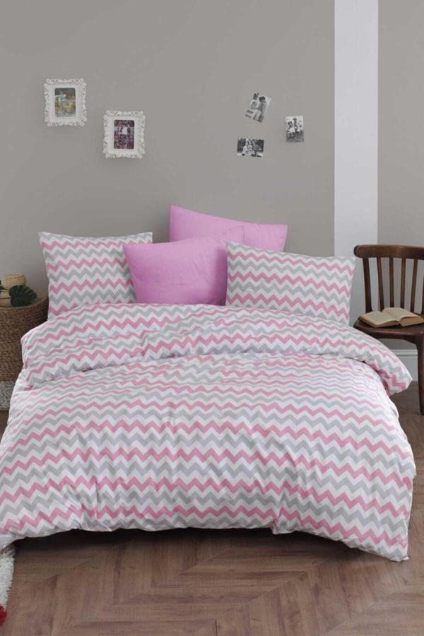 Mer-Tim Ezberbozan Ev Tekstili Mer-Tim Tek Kişilik Lastikli Pamuklu Ranforce Nevresim Takımı 160X220 - Pembe Zikzak Desenli - Image 1