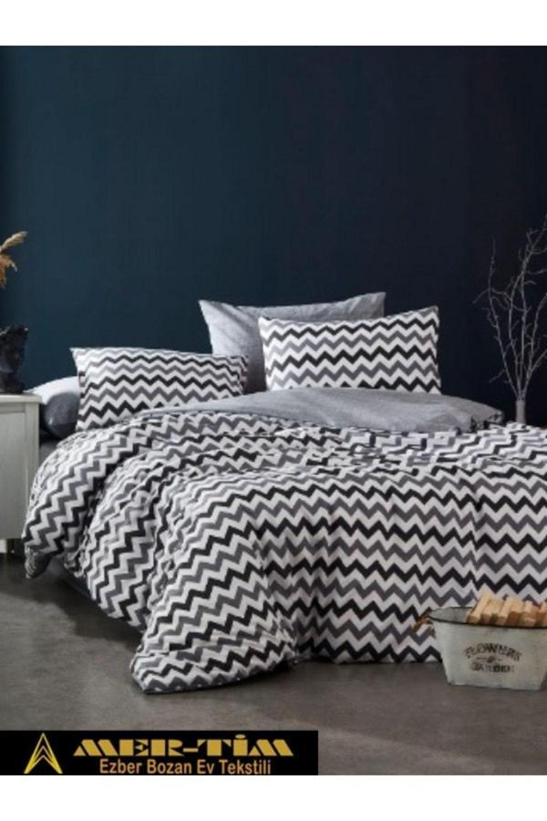 Mer-Tim Ezberbozan Ev Tekstili Mer-Tim Pamuklu Ranforce Çift Kişilik Siyah-Gri Zikzak 200X220 Nevresim Seti (Çarşaf Dahil Değildir) - Image 1