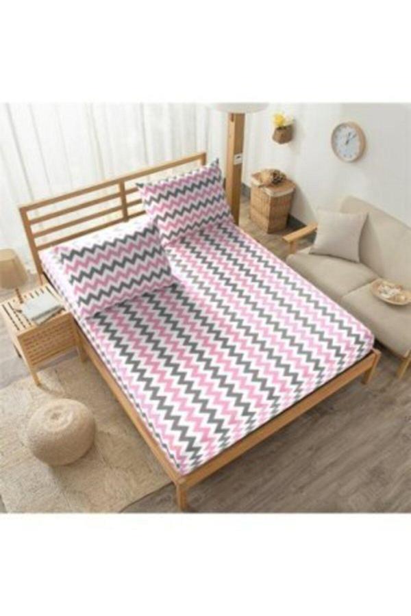 Mer-Tim Ezberbozan Ev Tekstili Mer-Tim Pamuklu Ranforce Tek Kişilik 100X200X25 Lastikli Çarşaf Takımı - Pembe Zikzak Desenli - Image 1