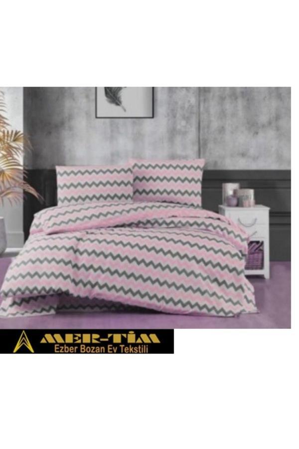 Mer-Tim Ezberbozan Ev Tekstili Mer-Tim Pamuklu Ranforce Small Size Pembe-Gri Zikzak 135X200 Nevresim Seti (Çarşaf Dahil Değildir) - Image 1