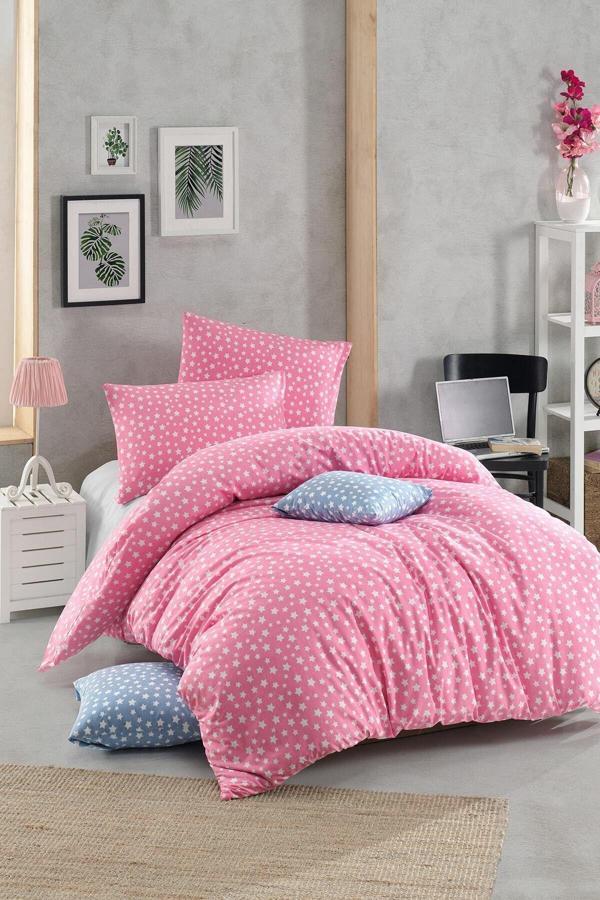 Mer-Tim Ezberbozan Ev Tekstili Mer-Tim Tek Kişilik Lastiksiz Pembe Yıldız Desenli Pamuklu Ranforce Nevresim Takımı - 160 X 220 - Image 1