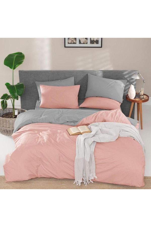 Mer-Tim Ezberbozan Ev Tekstili Mer-Tim Pamuklu Ranforce Tek Kişilik Çift Taraflı Nevresim Yorgan Kılıfı 160X220 Pembe - Gri - Image 1
