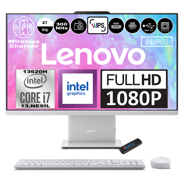 Lenovo Ideacentre Aıo 27IRH9 Intel Core I7-13620H Ddr5 64GB 4tb SSD Intel UHD Graphics 27 Inc Fhd IPS Windows 11 Home Bulut Grisi All In One Bilgisayar F0HM0048TRF161 + Zetta Flash Bellek - Image 1