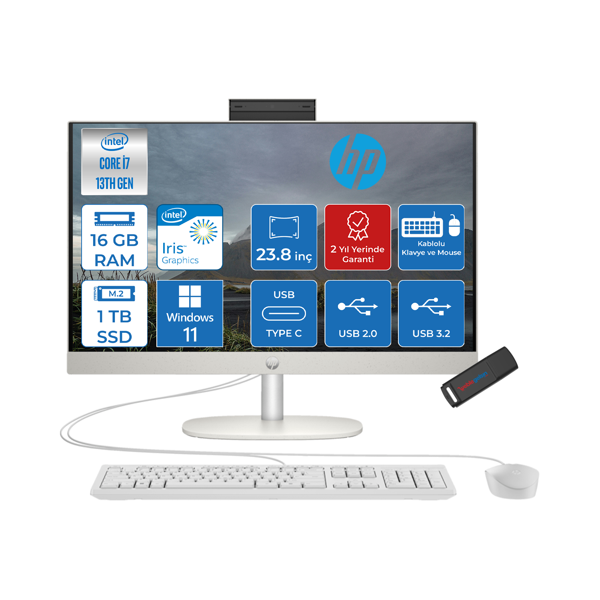 Hp Proone 240 G10 Intel I7-1355U 16GB 2tb SSD Iris Xe Graphics Windows 11 Pro 23.8" Full Hd Beyaz All In One Bilgisayar AA1JY8ESW04+ZETTAUSBBELLEK - Image 1