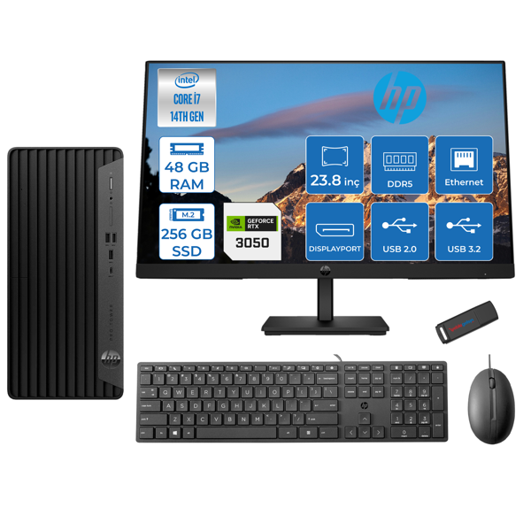Hp Pro Tower 400 G9 Intel Core I7 14700 48GB Ddr5 256GB SSD 23.8" Fhd Freedos Nvidia RTX3050-6GB Masaüstü Bilgisayar 235V5M2ESRTX3050F21 + Zetta USB Bellek - Image 1