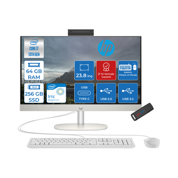Hp Proone 240 G10 Intel I7-1355U 64GB 256GB SSD Iris Xe Graphics Freedos 23.8" Full Hd Beyaz All In One Bilgisayar AA1JY8ESF21+ZETTAUSBBELLEK - Image 1