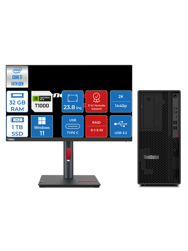 Lenovo Thinkstation P2 Intel® Vpro I7 14700 32GB Ddr5 1tb SSD 8GB/T1000 23.8" 2k Monitör Windows 11 Pro Raid Destekli Masaüstü Iş Istasyonu 30FR001HTRMWP14 + Zettausbbellek - Image 1