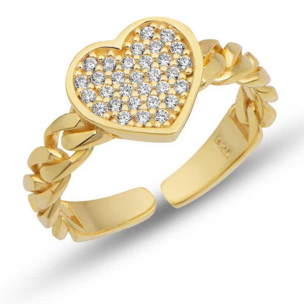 Gümüş Ayarlanabilir Gold Kalpli Kadın Yüzük SL5287 - Image 1