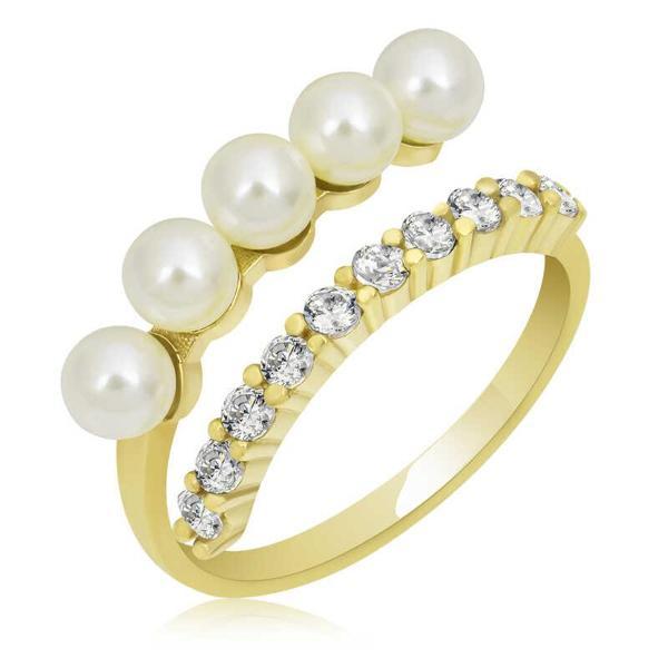 Gümüş Gold Ayarlanabilir İnci Taşlı Kadın Yüzük SL5097 - Image 1
