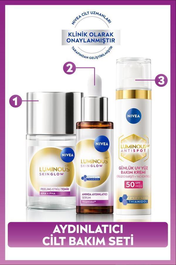 SPF50 Luminous630 Leke Karşıtı Gündüz Yüz Kremi 40ml,Skin Glow Aydınlatıcı Serum 30ml ve Tonik 100ml - Image 1