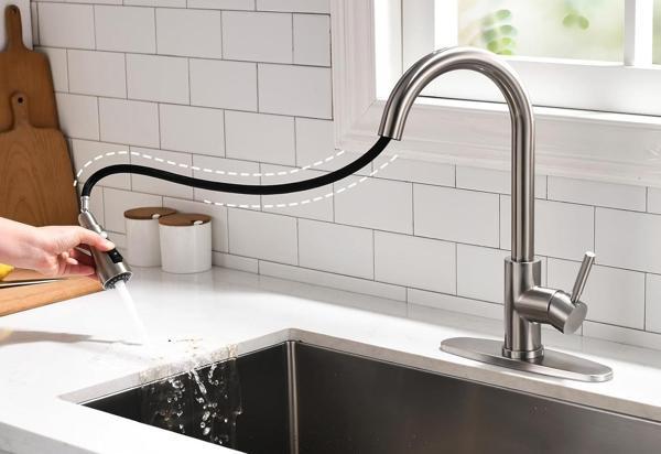 Spiralli Eviye Bataryası Inox Lavabo Mutfak Musluğu Aşağı Çekilebilir Püskürtmeli Paslanmaz Çelik - Image 1